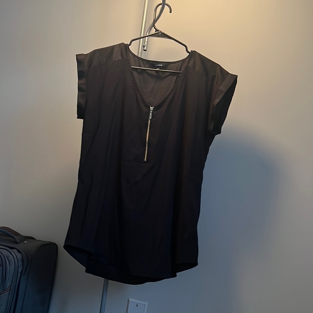 Black blouse with silver functional zipper
